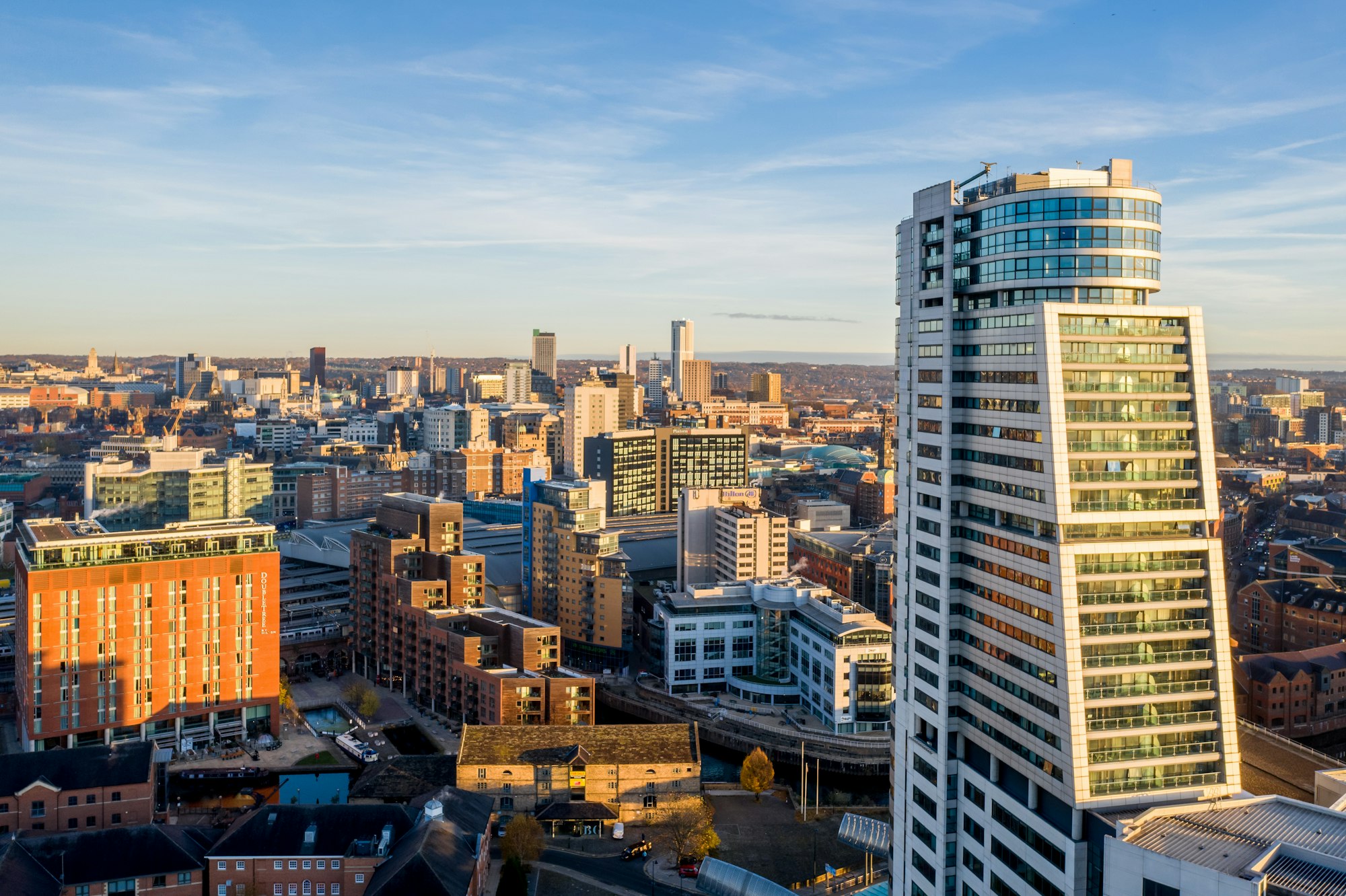 Aerial view of Leeds city skyline with a view of modern architecture of Bridgewater Place skyscraper